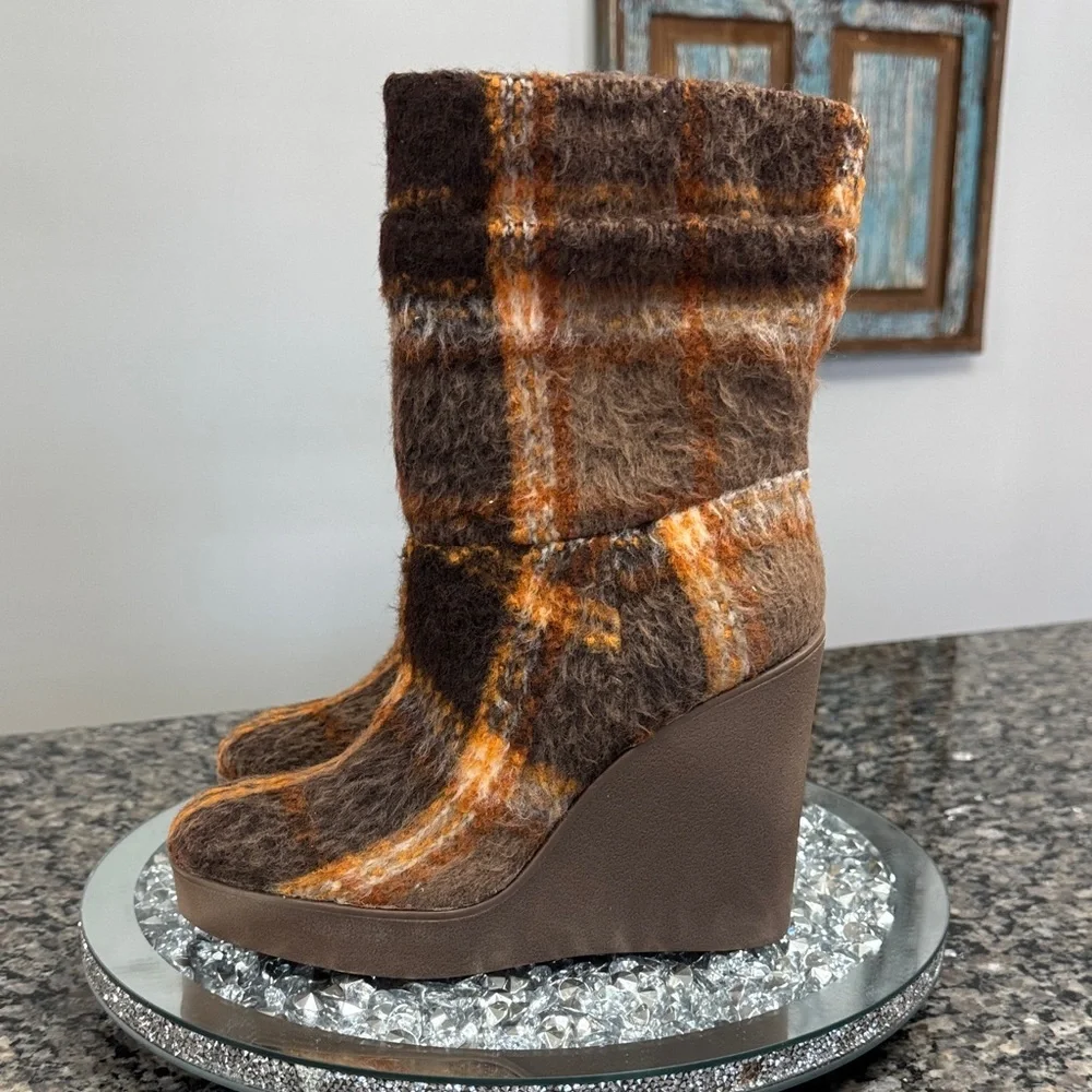 Jessica Simpson Plaid Wedge Boots - Brown and Orange NEW 7.5
